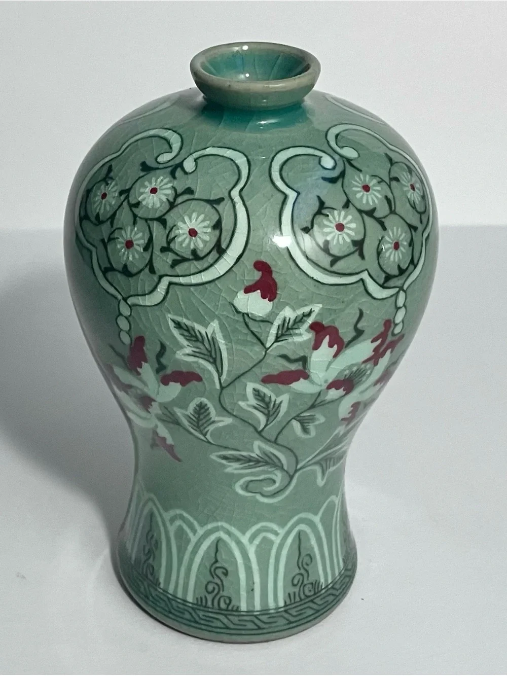 Vintage CELADON KOREAN Sanggam Inlaid MAEBYEONG VASE / Crackle Glaze / SIGNED